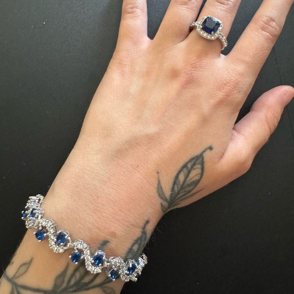 blue and silver rhinestone ring and bracelet set